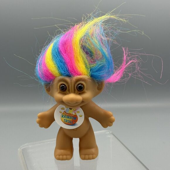 Vtg Russ Rainbow Troll Doll Rainbow Hair Brown Eyes 3.5” 18300 Original Tag Nude - Picture 1 of 8